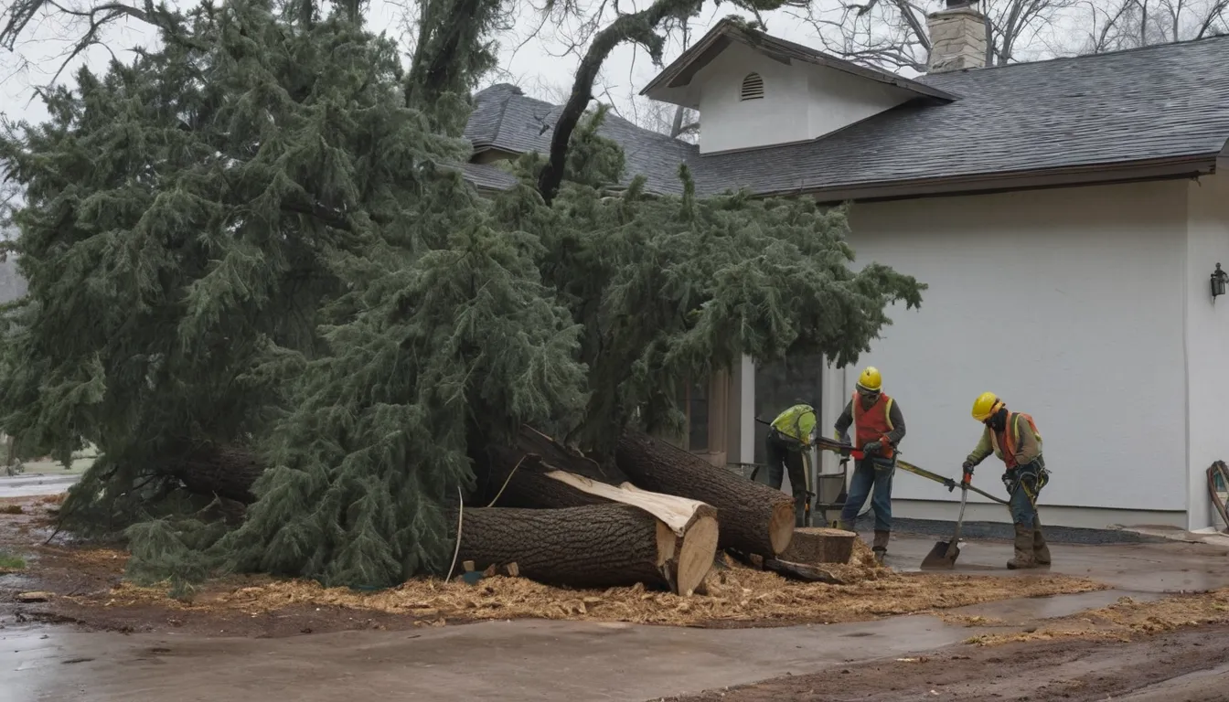 A local tree provider safely cutting a fallen tree near a stucco home in Santa Ana