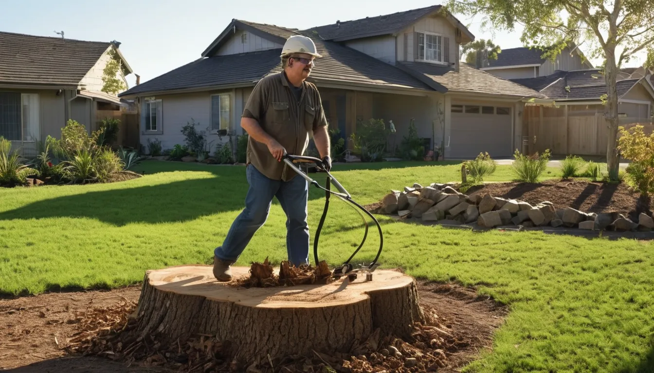 Stump grinder working on an old tree stump in a residential backyard near Santa Ana